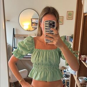 H&M Green Gingham Puff-Sleeve Smocked Crop Top